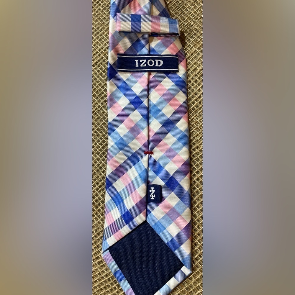 Izod Neck Tie, Blue/Pink Plaid, 3” Wide - Picture 3 of 7